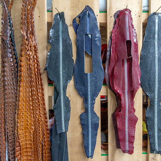Exotic leather hides in an Indiana leather craftsman's shop